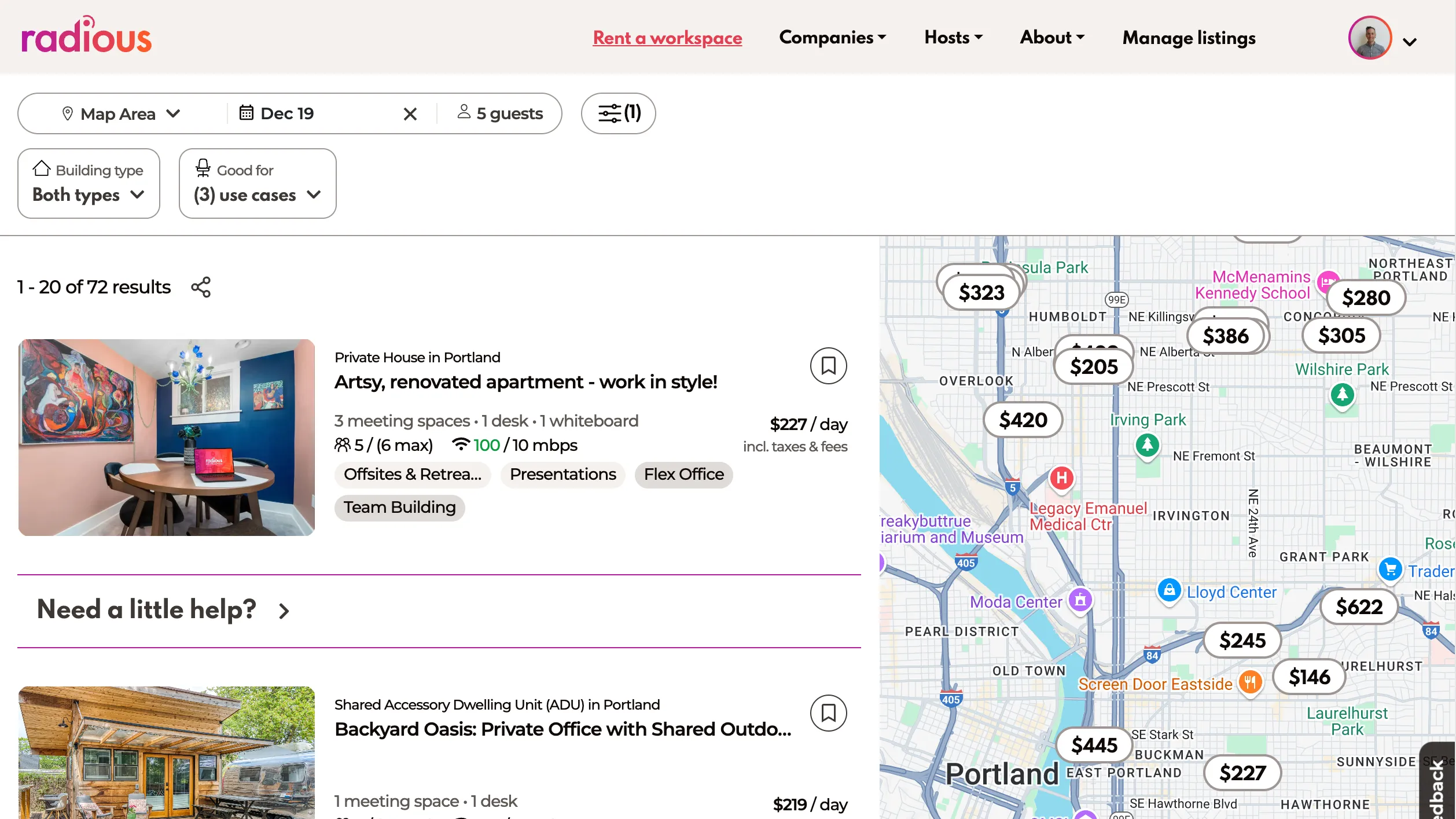 Screenshot of Radious.pro showing search results for workspaces on the left, and POI's on a map on the right.